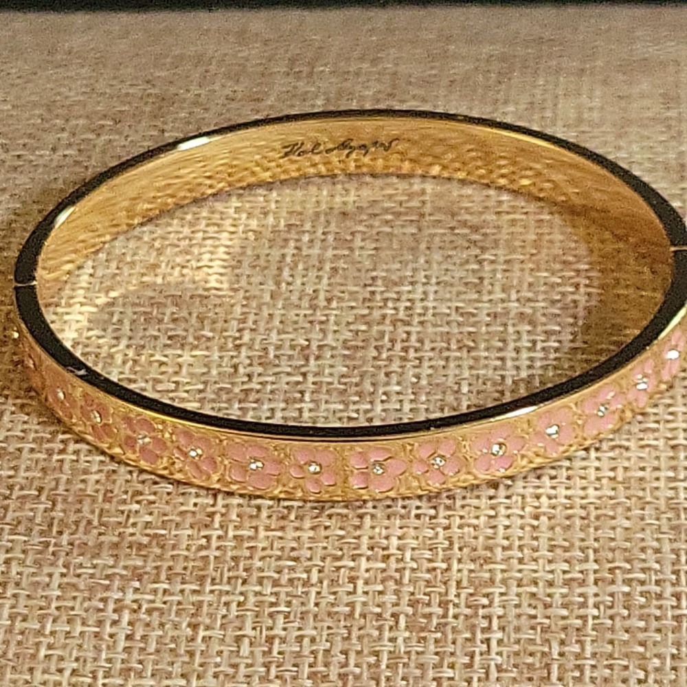 Karl Lagerfeld Pink Enamel Gold Floral Crystal Hinge Bangle 2.25" Coquette